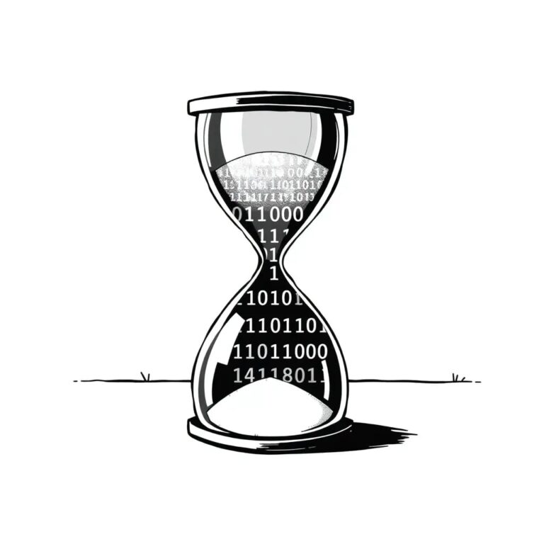 A digital hourglass filled with binary code