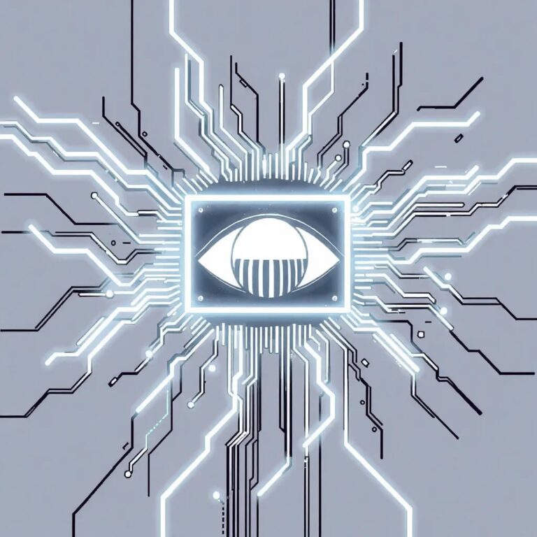 A shattered, neon-lit circuit board with a glowing, censored eye in the center