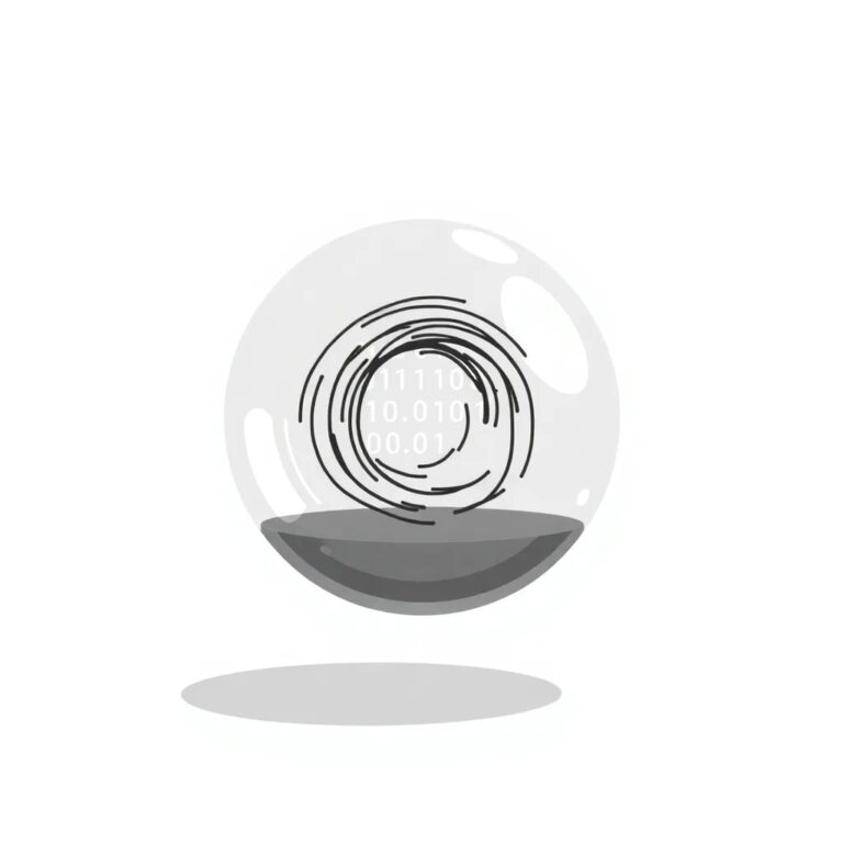 A futuristic, transparent glass orb containing a swirling digital code, suspended in mid-air by an invisible force, with a subtle, pulsating glow.