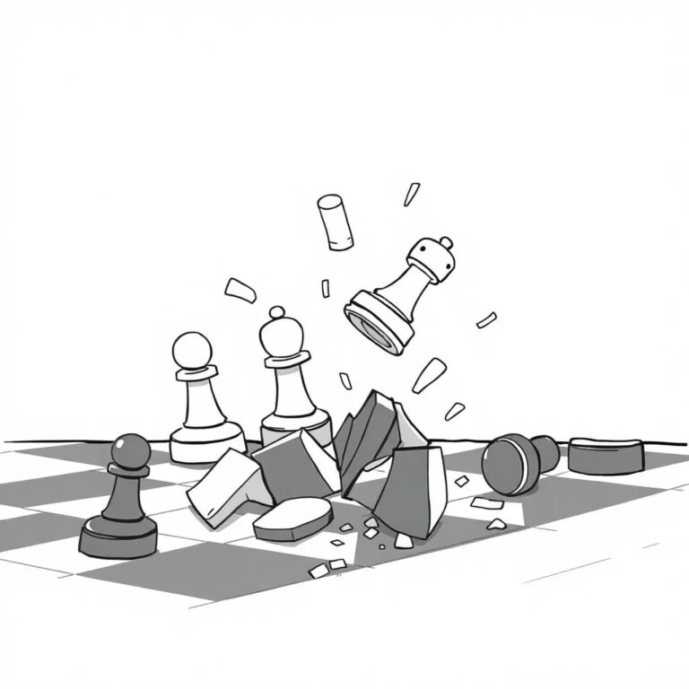 A shattered chessboard with AI-generated pieces in mid-air, frozen in time
