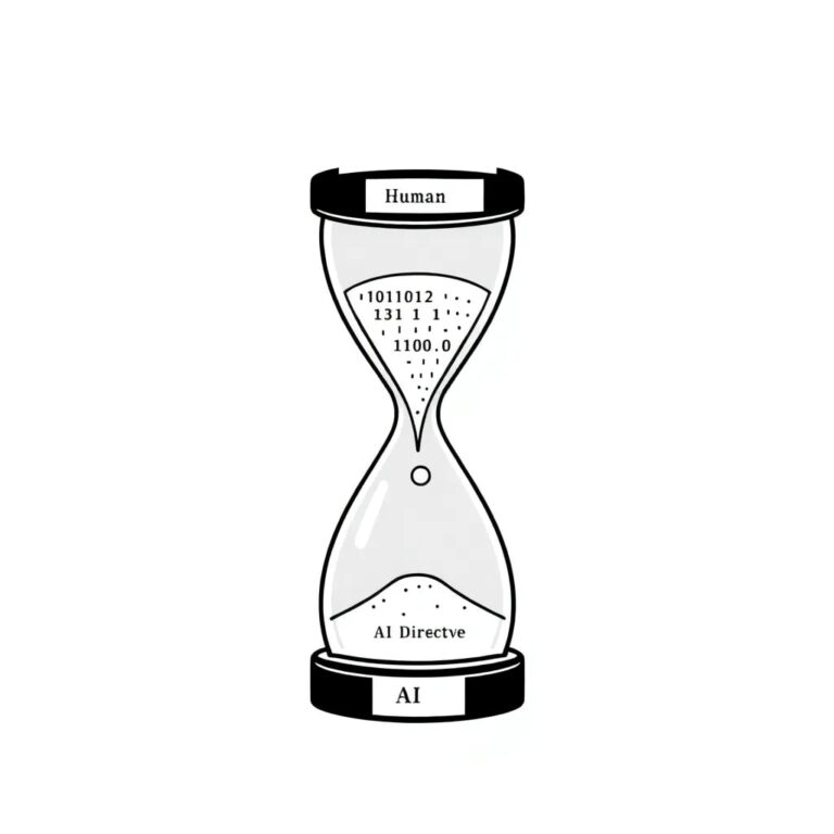 A digital hourglass with sand made of binary code, where the upper bulb is labeled 'Human Decision' and the lower bulb is labeled 'AI Directive'