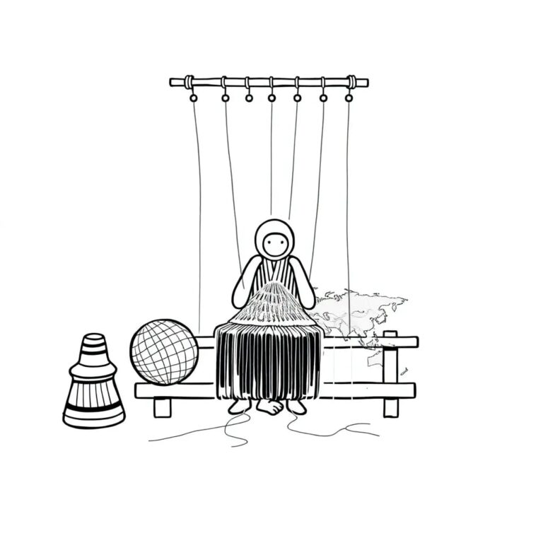 A digital charkha spinning threads of code into a vibrant tapestry of interconnected continents