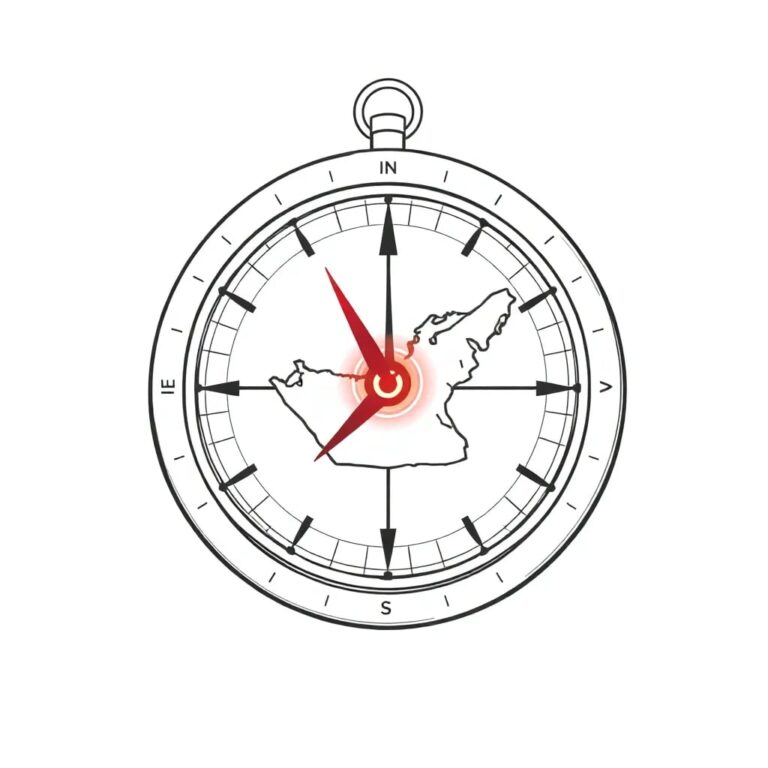 A futuristic, intricately designed compass with AI circuitry and a map of the UAE etched on its face, where the needle points towards a glowing, ethically aligned AI symbol.
