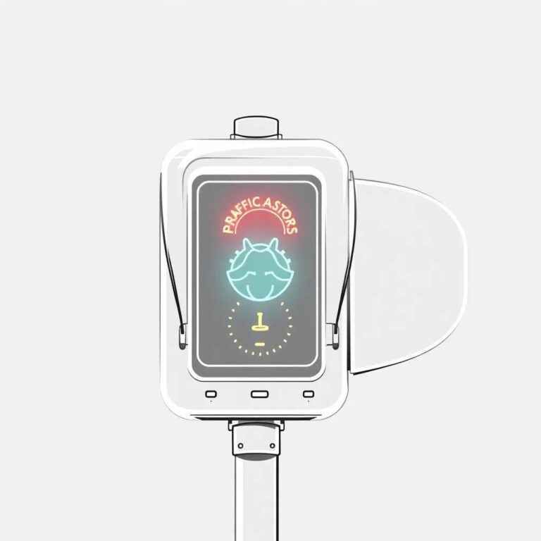 A futuristic, transparent AI-driven traffic light that displays real-time risk assessments and legal compliance indicators alongside its standard signals.