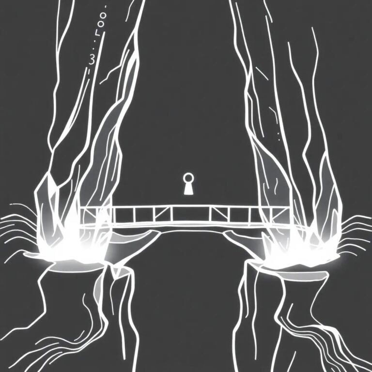 A crystal bridge spanning a chasm of swirling, luminescent code, with a single, glowing keyhole at its center.