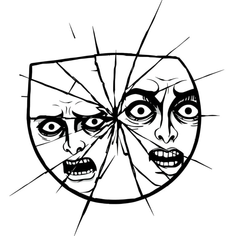 A shattered digital mirror reflecting distorted, hate-filled faces