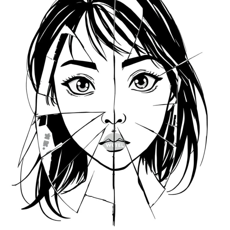 A shattered digital mirror reflecting a woman's skeptical gaze