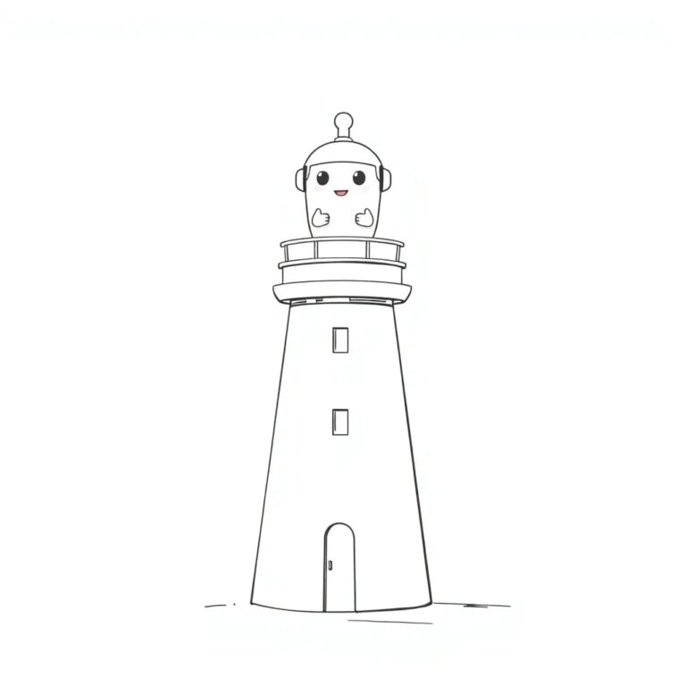 A digital lighthouse beacon with a glowing, child-friendly AI avatar at its top, emitting a soft, pulsating light that changes color based on the safety level of AI interactions.