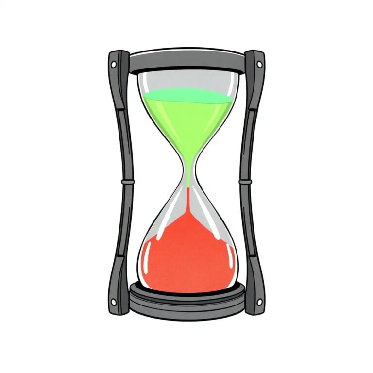 A digital hourglass with AI circuitry and a transparent, glowing sand that shifts from red to green as it flows