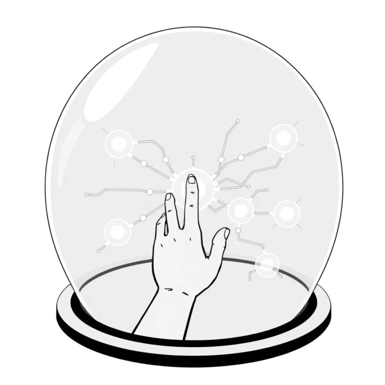 A futuristic, transparent glass dome containing a network of interconnected, glowing AI nodes, with a human hand reaching in to adjust one of the nodes.