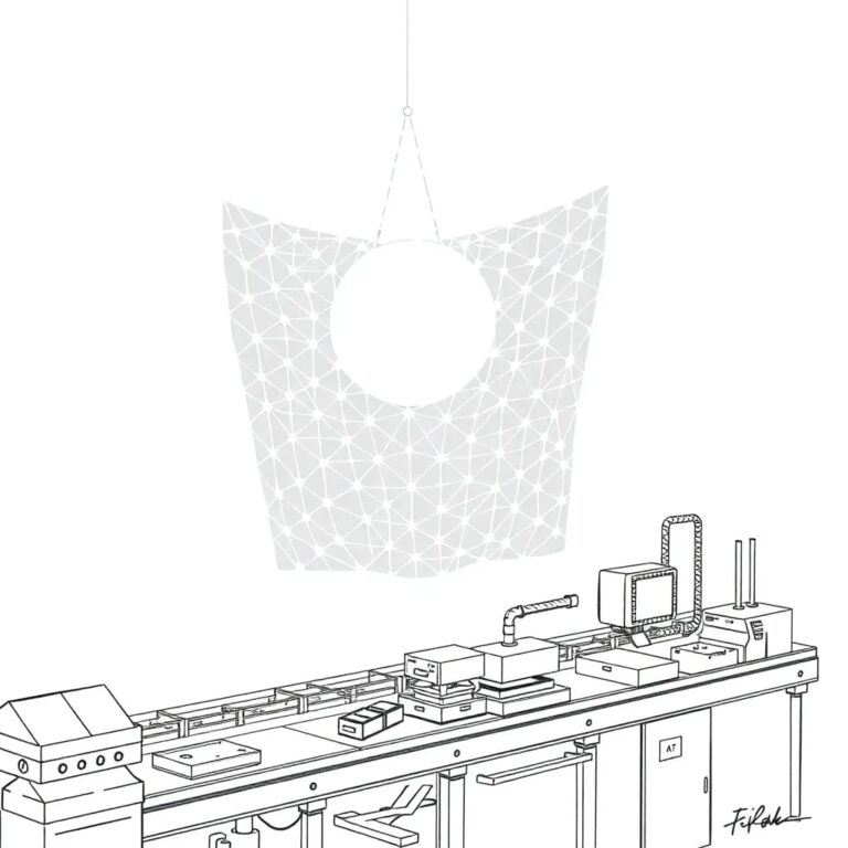 A holographic safety net woven with glowing AI algorithms, suspended over a miniature assembly line