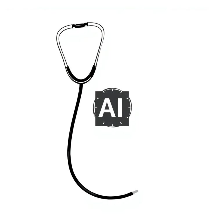 A stethoscope with a digital display that shows fluctuating AI algorithms