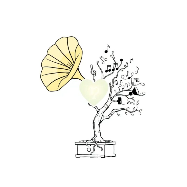 A golden phonograph horn with a transparent, glowing heart at its center, playing a melody that transforms into a tree with roots and branches representing diverse musical genres.
