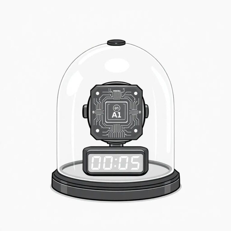 A futuristic, transparent medical device with a glowing AI circuit board embedded within, encased in a glass dome with a digital clock counting down to a regulatory deadline.