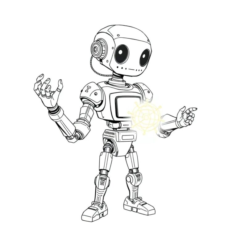 A multi-armed robot sculpted from recycled tech components, holding a glowing, interconnected network of AI nodes in one hand and a traditional Indian charkha in the other.