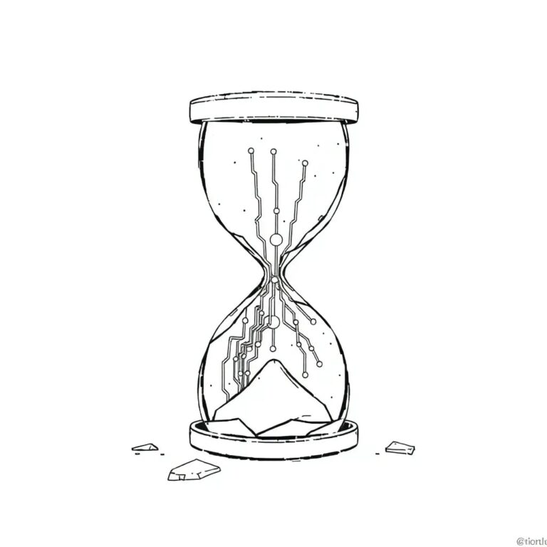 A shattered hourglass with AI circuitry embedded within its broken glass