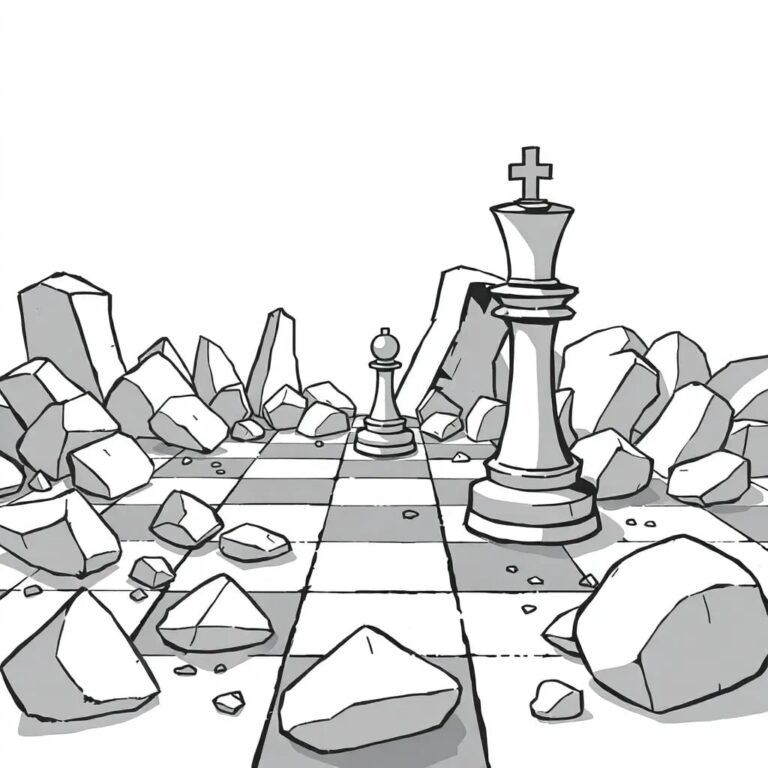 A shattered chessboard with a lone AI-controlled pawn standing amidst the ruins