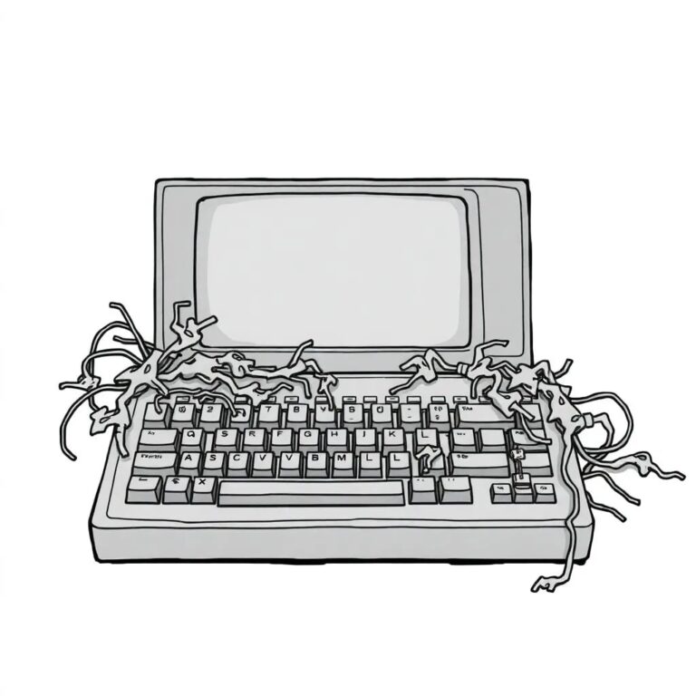 A rusted, obsolete computer keyboard with AI circuit boards growing over it like ivy