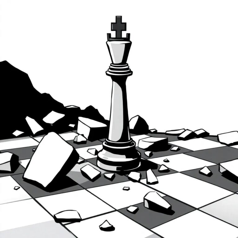 A shattered chessboard with a lone AI-controlled rook standing amidst the ruins