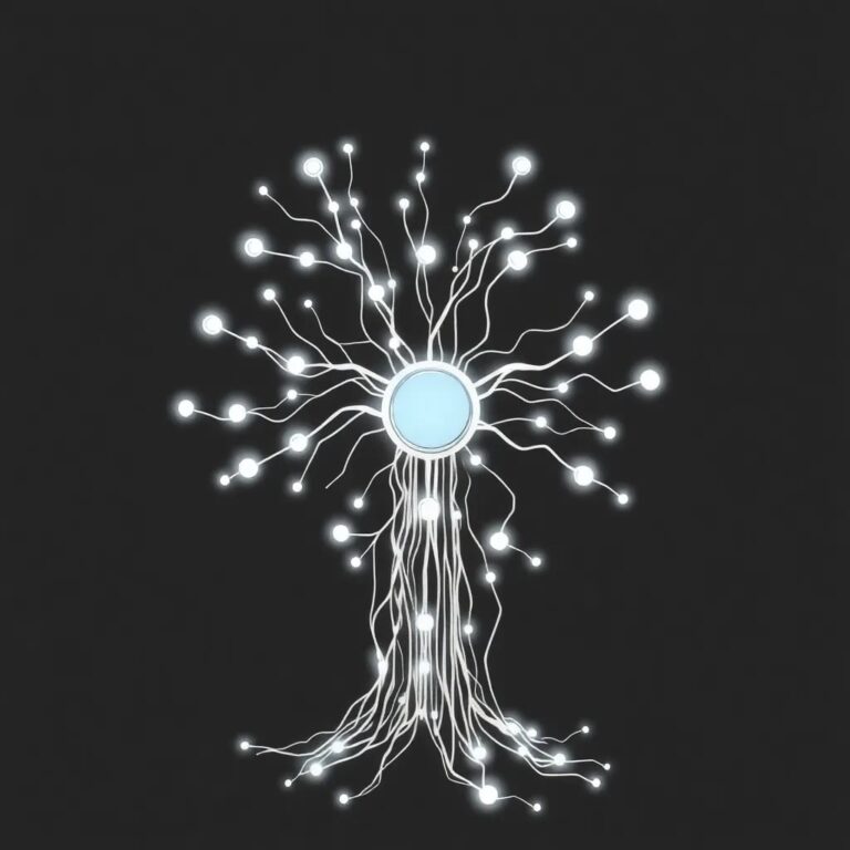 A futuristic, intricately designed AI neural network sculpture made of glowing, interconnected nodes and wires, symbolizing the vast potential and interconnectedness of artificial intelligence.