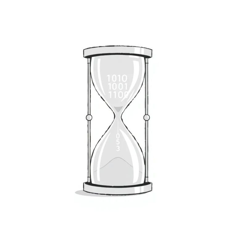 A digital hourglass filled with glowing binary code
