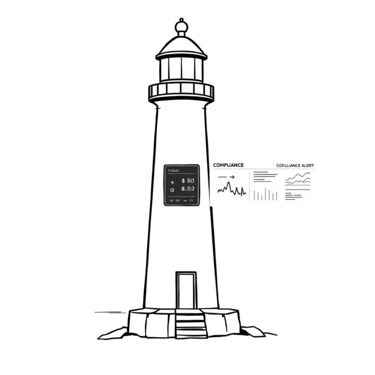 A lighthouse with a digital display screen instead of a light, showing real-time data streams and compliance alerts.