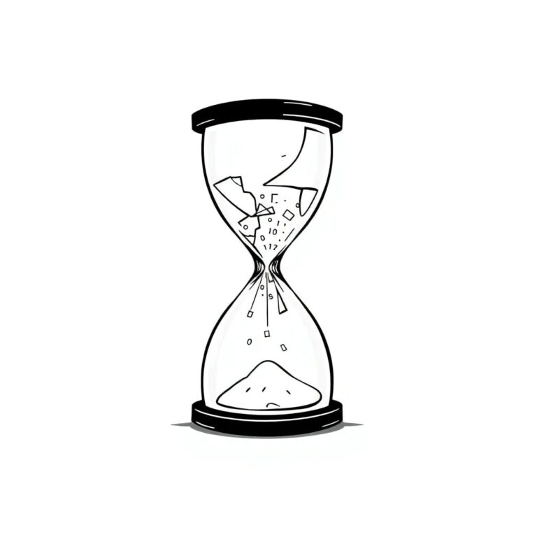 A shattered glass hourglass with digital binary code flowing through it
