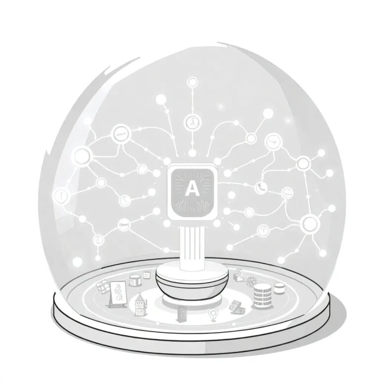 A futuristic, transparent glass dome containing a dynamic, ever-changing network of glowing, interconnected nodes and pathways, with a central AI processor at its core, surrounded by a rotating carousel of diverse, symbolic icons representing different industries and ethical principles.