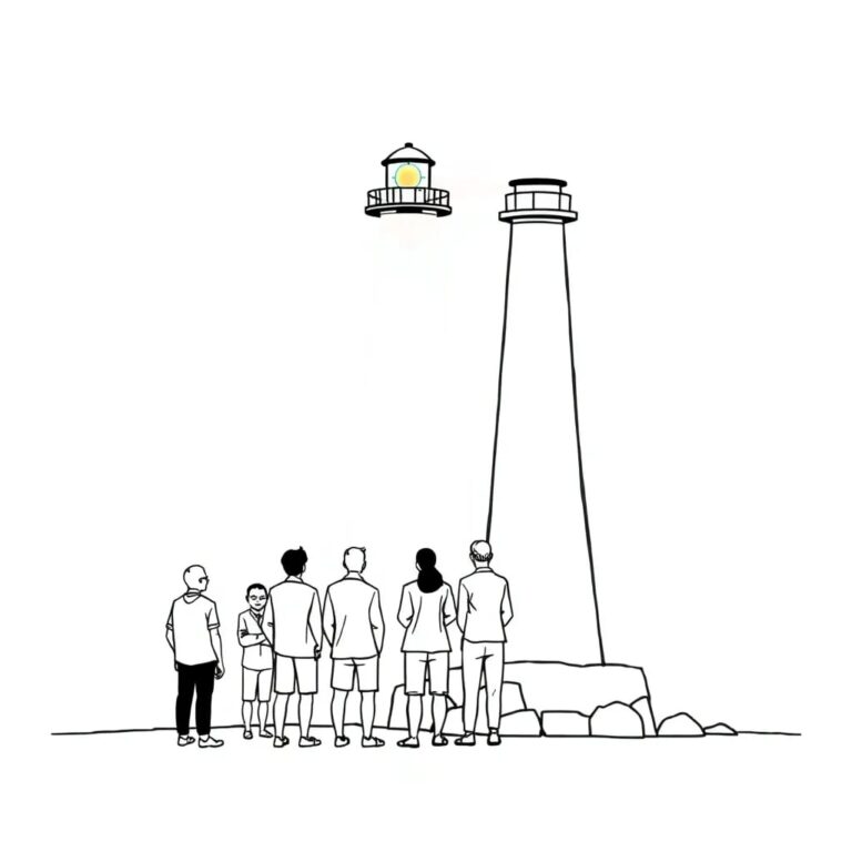 A digital lighthouse beacon with a transparent AI core, projecting a multi-colored light that illuminates a diverse group of people standing together on a shore.