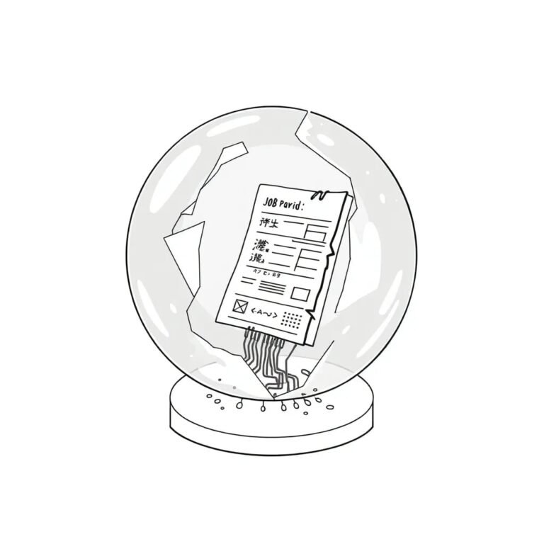 A shattered crystal globe with a circuit board embedded within, displaying a fractured job application form.