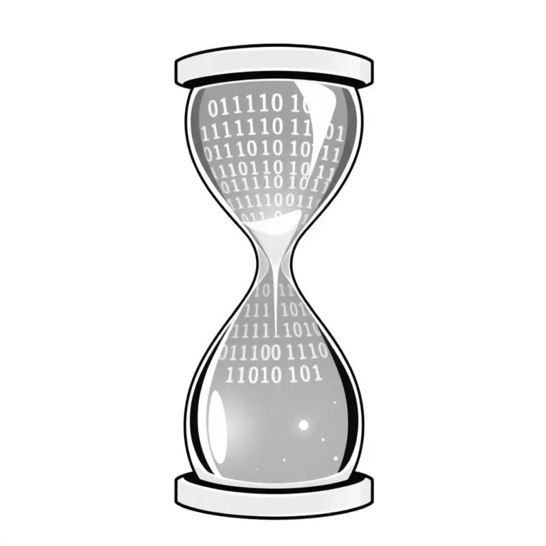 A digital hourglass filled with glowing binary code, where the upper bulb represents unstructured data and the lower bulb represents structured, AI-processed data