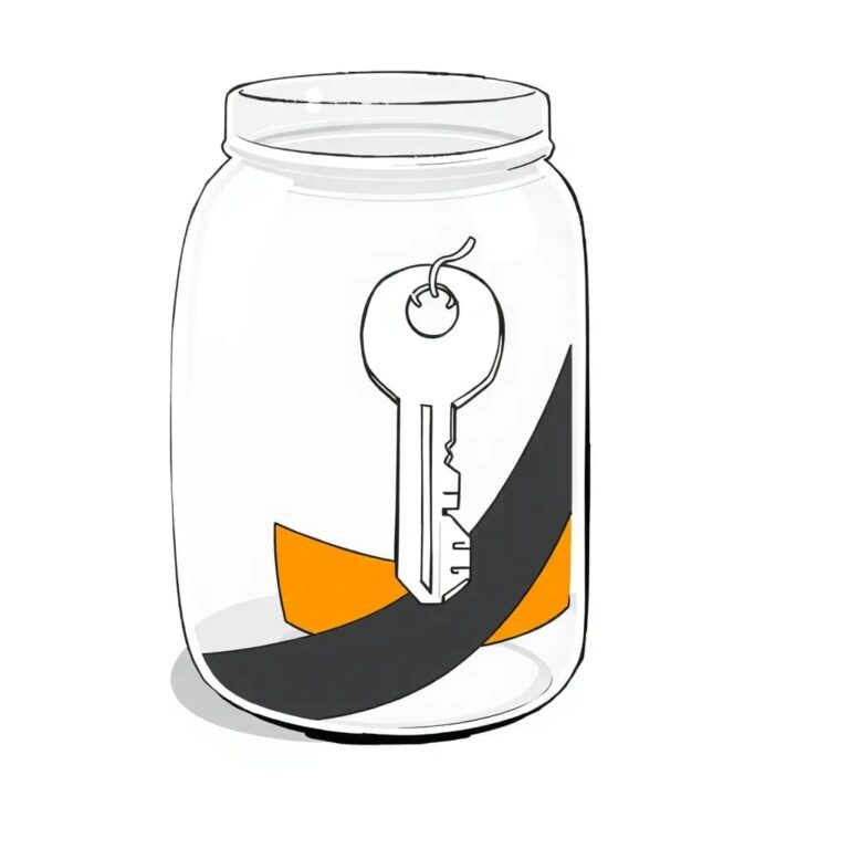 A shattered digital key floating in a glass jar filled with Amazon's iconic orange and black packaging tape