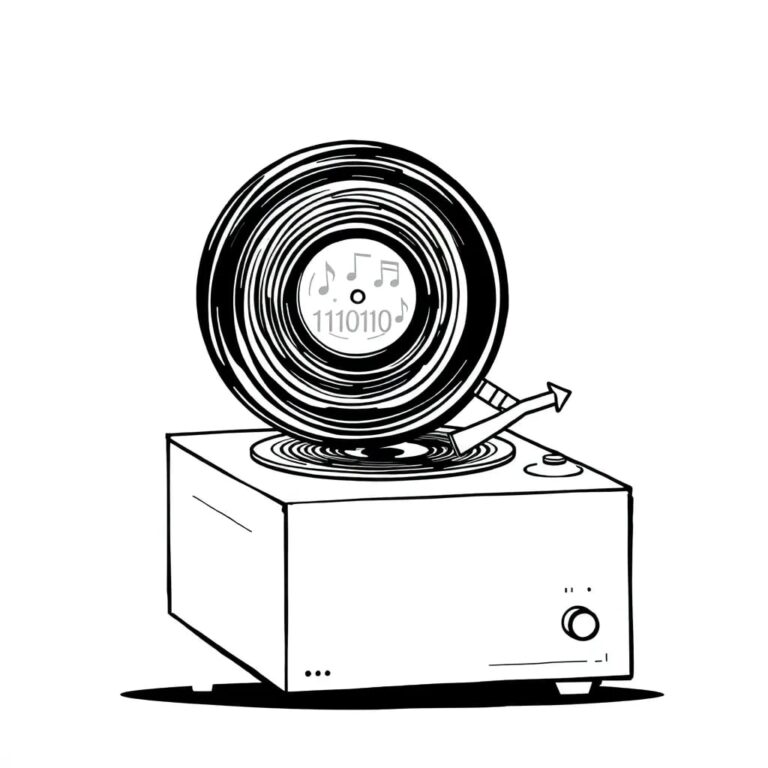 A vintage phonograph with a stylus shaped like a digital code, playing a vinyl record that morphs between musical notes and binary code.