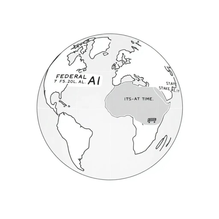 A dual-layered, interactive holographic globe with one layer representing federal AI regulations and the other state-level initiatives, both dynamically shifting and merging in real-time.