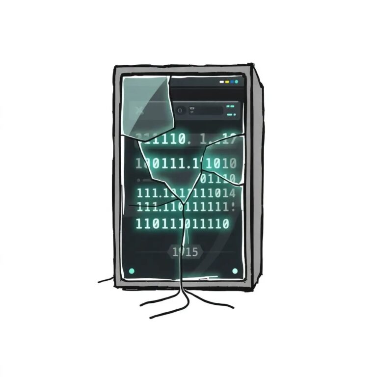 A shattered glass data server with glowing, leaking binary code