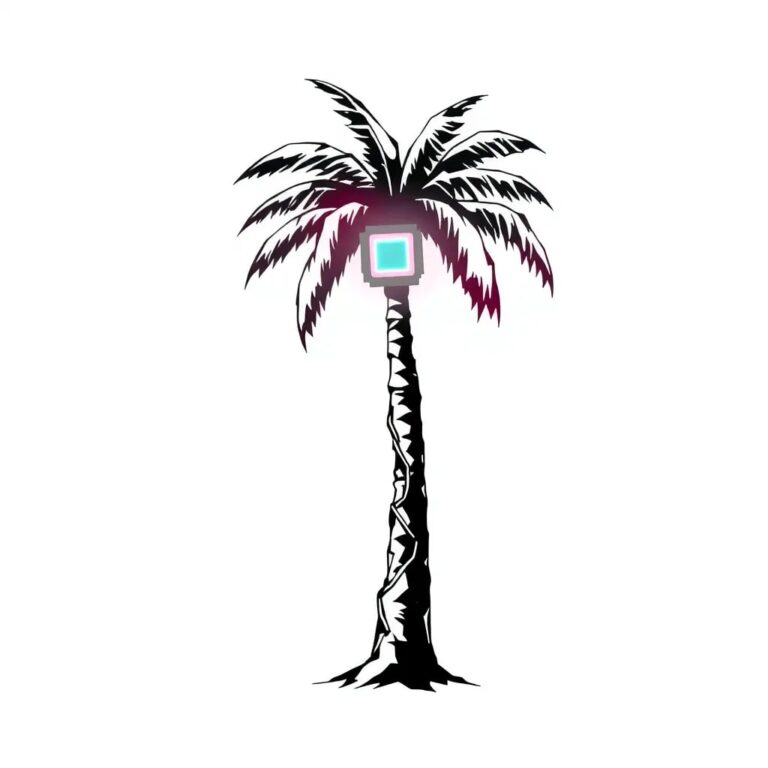 A shattered, neon-lit palm tree with a microchip embedded in its trunk
