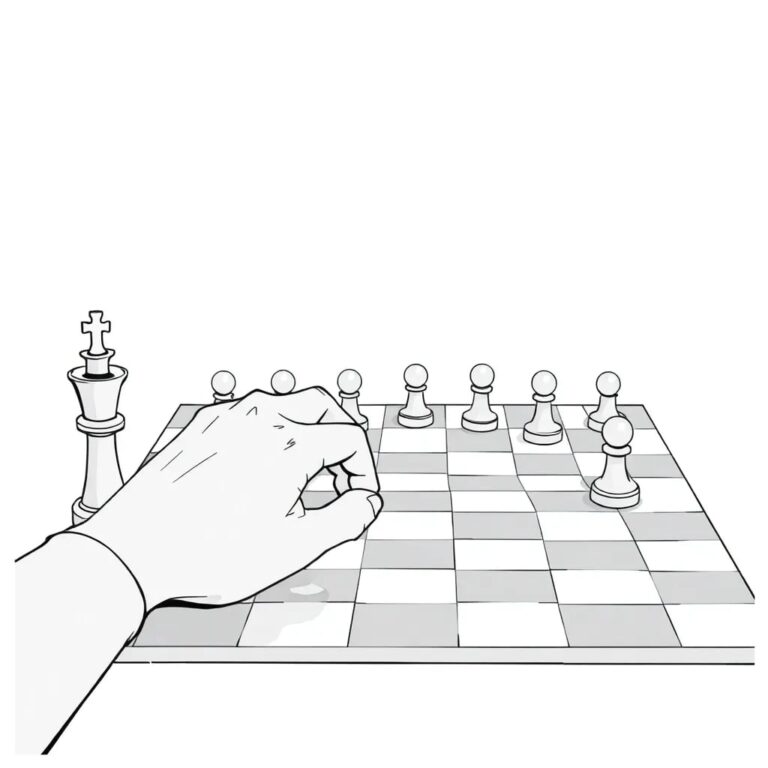 A futuristic chessboard with AI-controlled pieces and a human hand poised to make a move