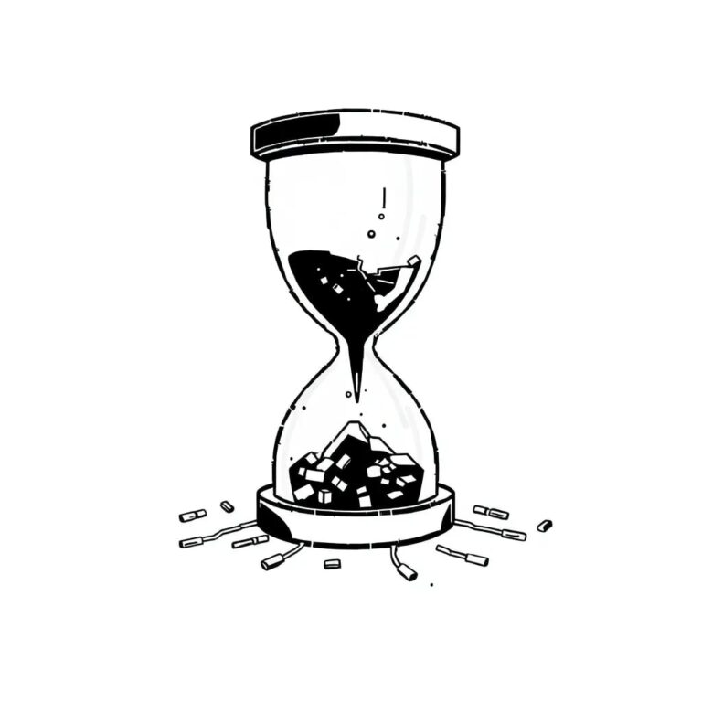 A shattered digital hourglass with AI circuitry spilling out