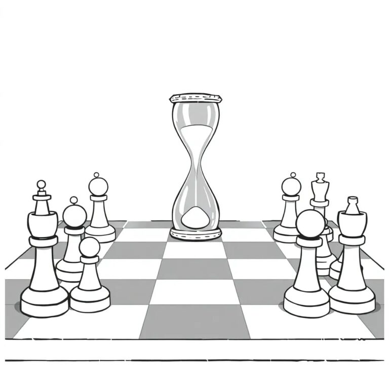A chessboard with AI-controlled pieces facing off against human-controlled pieces, with a digital hourglass counting down in the center.