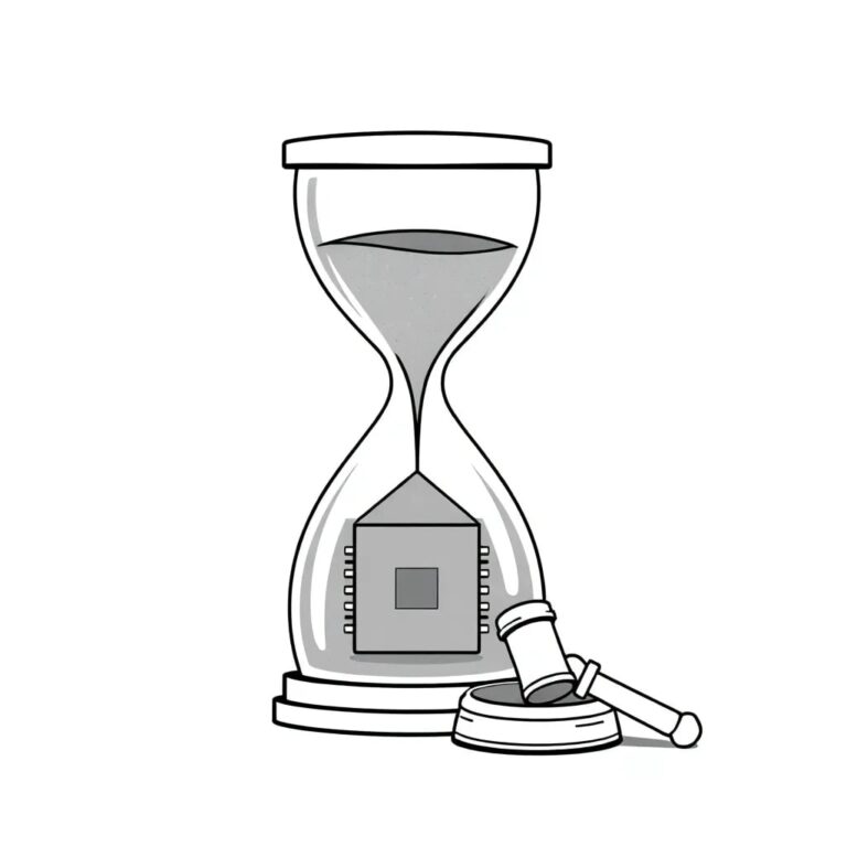A digital hourglass with silicon sand flowing between a CPU and a gavel