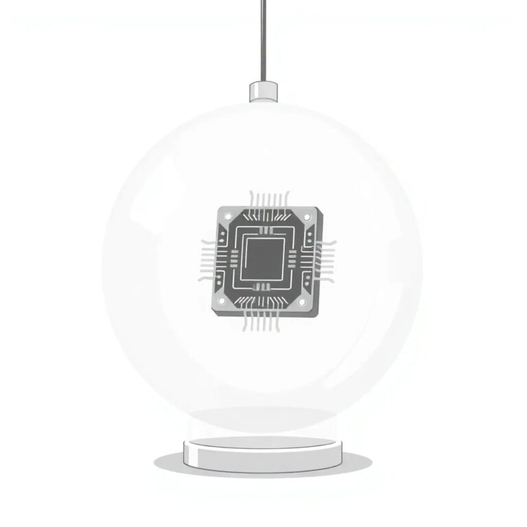 A futuristic, transparent AI processor chip suspended in a glass orb, with intricate circuits glowing softly, symbolizing the integration of advanced technology into government procurement processes.