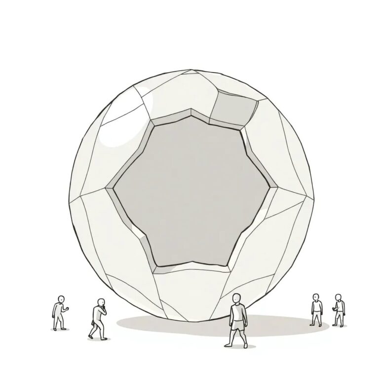 A shattered, multi-faceted crystal globe with a pentagon-shaped void at its center, surrounded by tiny, intricate human figurines in various states of distress and resilience.