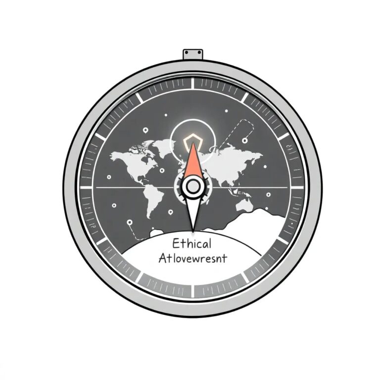 A futuristic compass with a digital display that shows a constantly updating map of interconnected AI networks, with a glowing needle pointing towards a beacon labeled 'Ethical AI Governance'