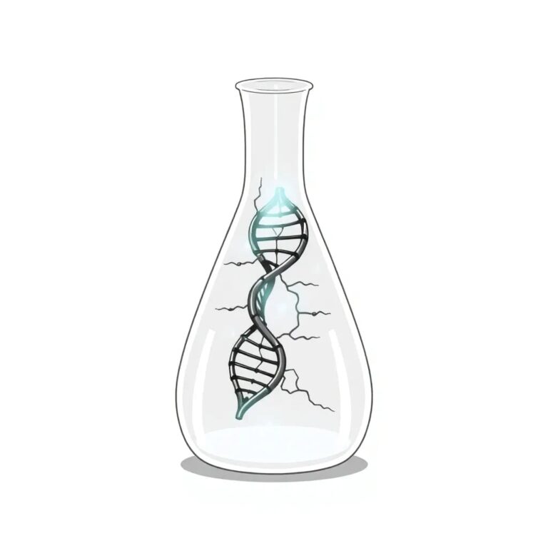 A futuristic, transparent lab flask containing a glowing, pulsating neural network intertwined with a double helix DNA strand