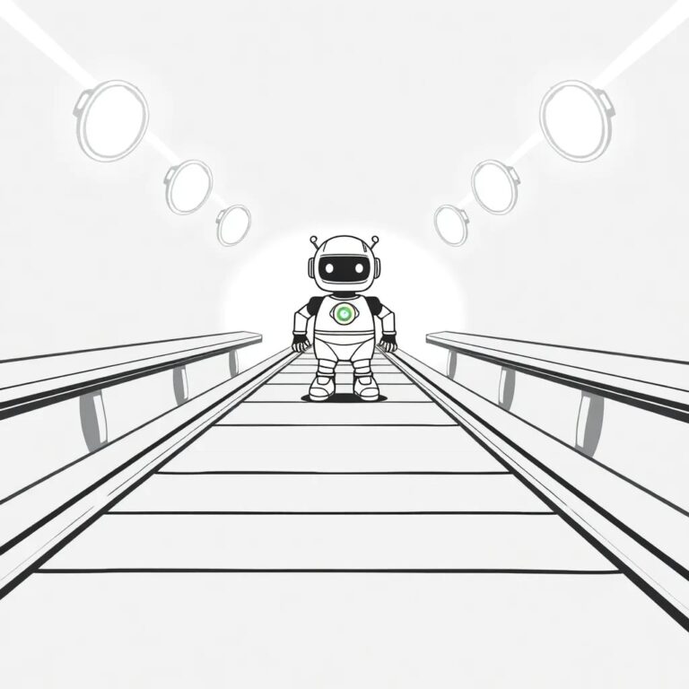 A high-speed conveyor belt with a series of checkpoints, each marked by a glowing compliance badge, leading to a finish line with a robot standing proudly at the end.