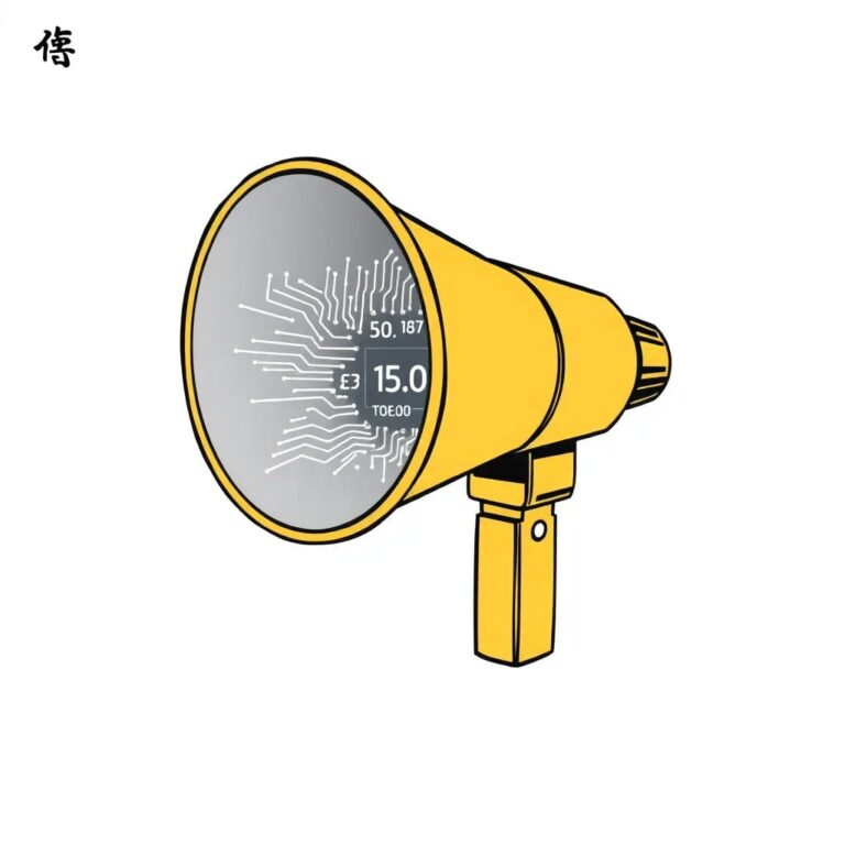 A golden megaphone with a circuit board interior and a holographic display of fluctuating stock prices