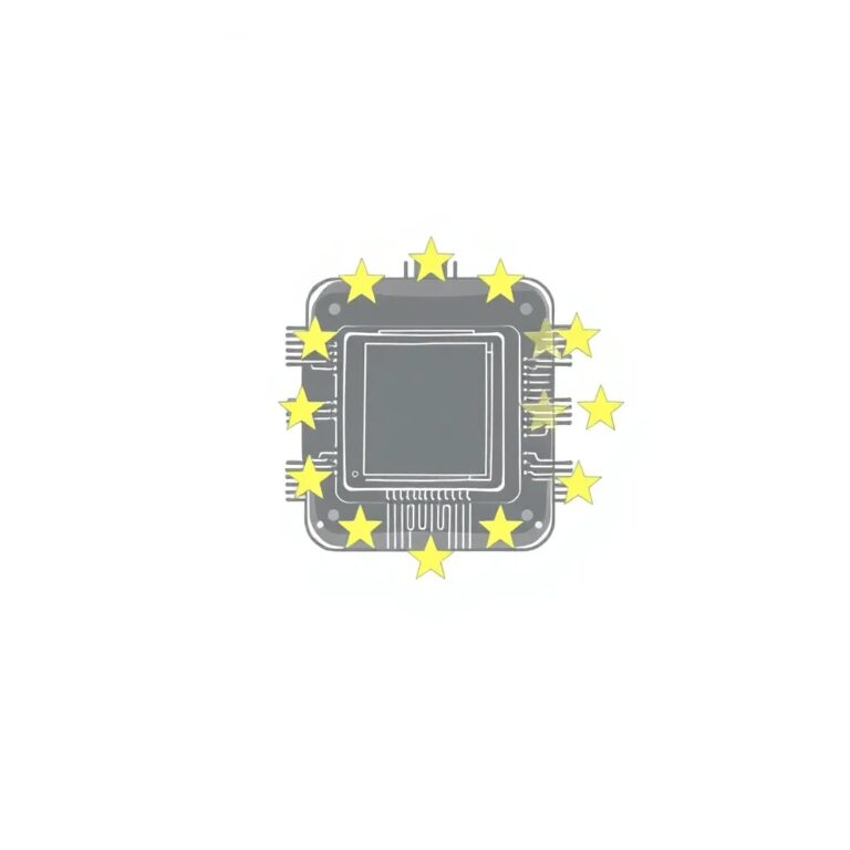 A futuristic, transparent AI chip embedded in a vintage EU flag, glowing with pulsating circuits.