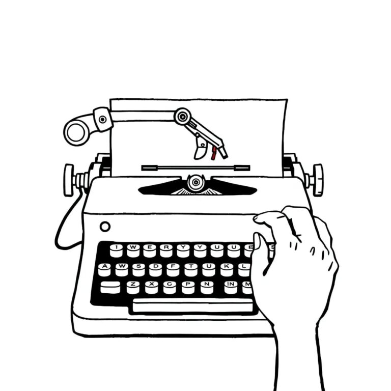 A vintage typewriter with a robotic arm poised to type, but a human hand gently guiding it.