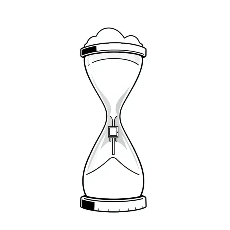 A digital hourglass with a transparent AI circuit board as the sand, flowing from a cloud-shaped top to a secure vault-shaped base.