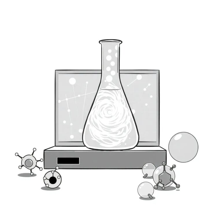 A glass beaker filled with swirling, luminescent algorithms, surrounded by molecular models of various chemicals, with a digital screen displaying a network of interconnected data points.